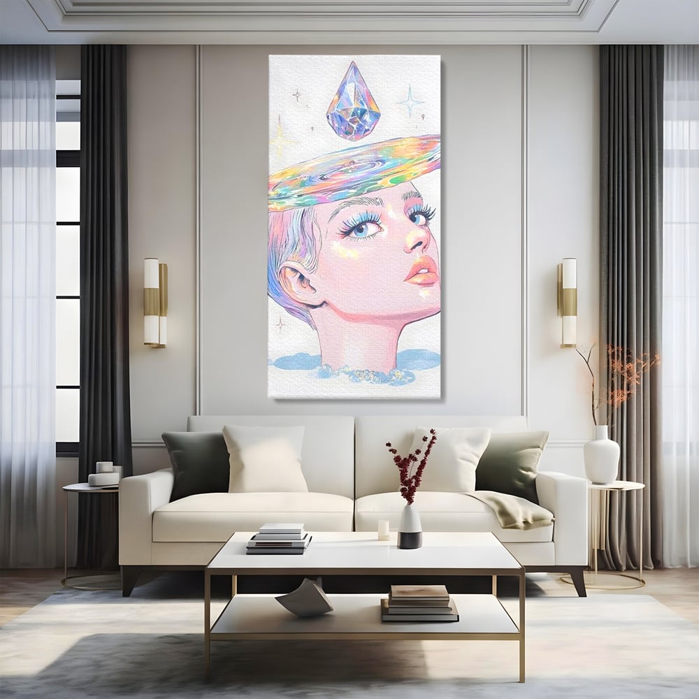 Tablou canvas cu ilustratie cu portret de femeie si galaxie, fara rama, pe sasiu de lemn, pe perete intr-un living
